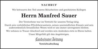 Traueranzeige Manfred Sauer