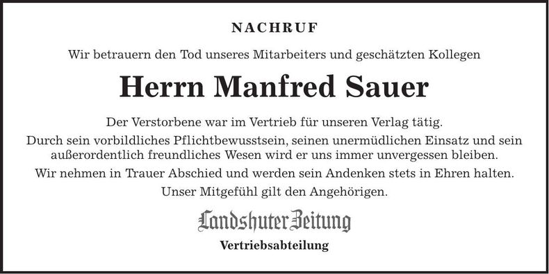 Traueranzeige Manfred Sauer
