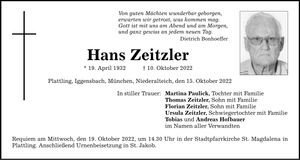 Traueranzeige Hans Zeitzler