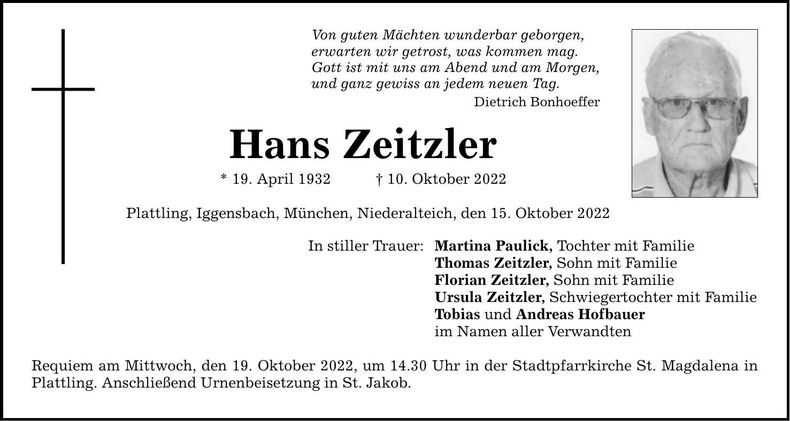 Traueranzeige Hans Zeitzler