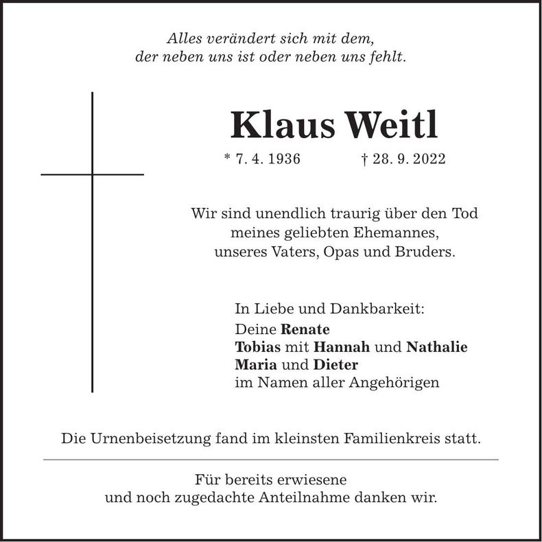 Traueranzeige Klaus Weitl