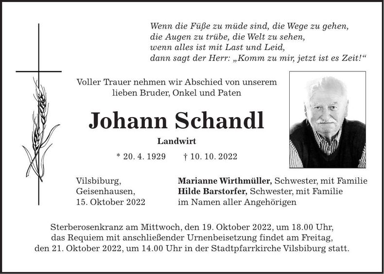 Traueranzeige Johann Schandl