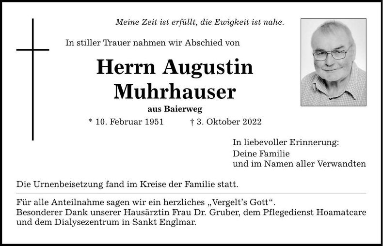 Traueranzeige Augustin Muhrhauser