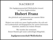 Traueranzeige Hubert Franz