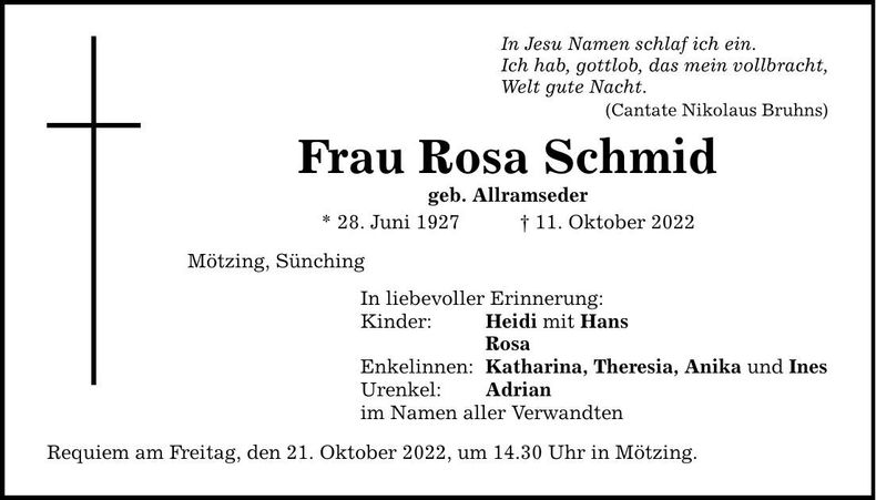 Traueranzeige Rosa Schmid