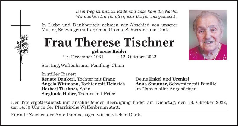 Traueranzeige Therese Tischner