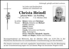 Traueranzeige Christa Heindl