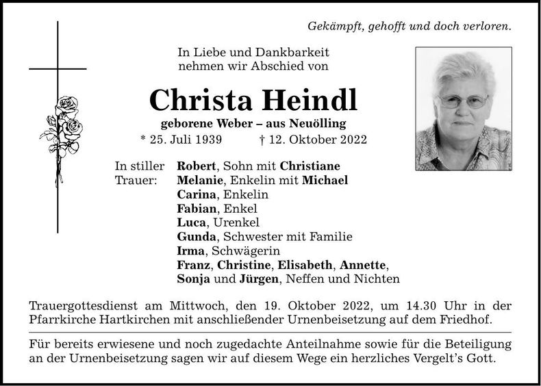 Traueranzeige Christa Heindl