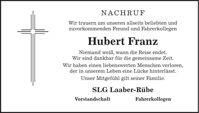 Traueranzeige Hubert Franz