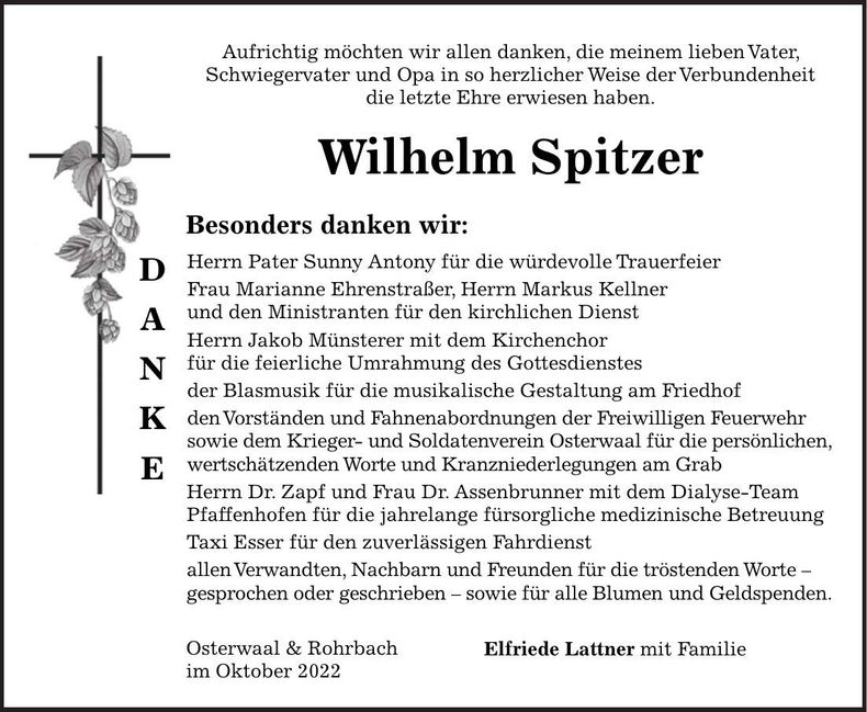 Traueranzeige Wilhelm Spitzer