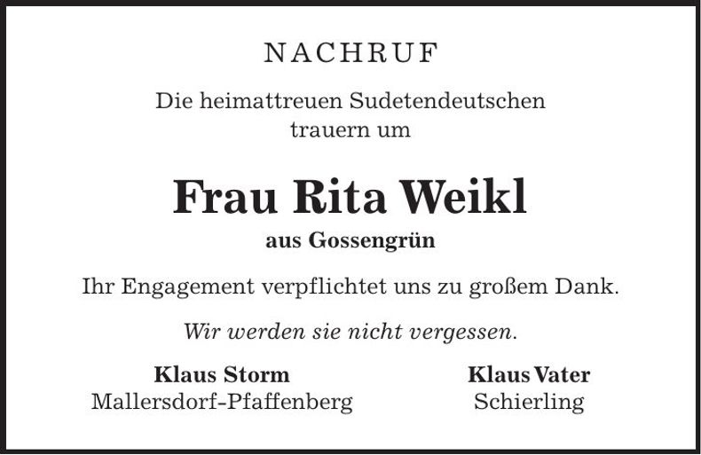Traueranzeige Rita Weikl