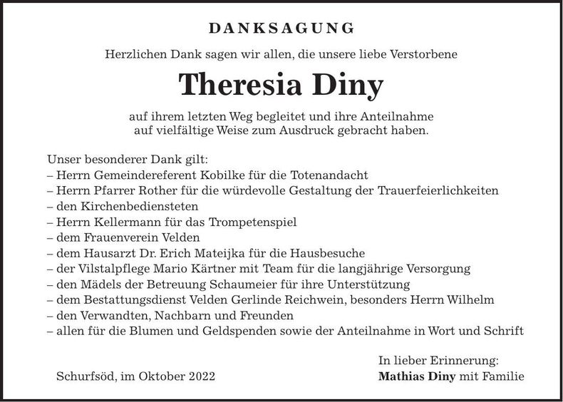 Traueranzeige Theresia Diny