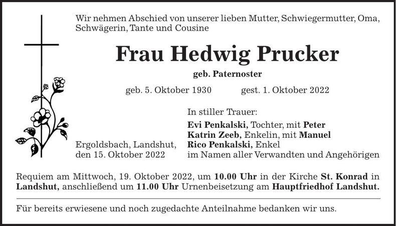 Traueranzeige Hedwig Prucker