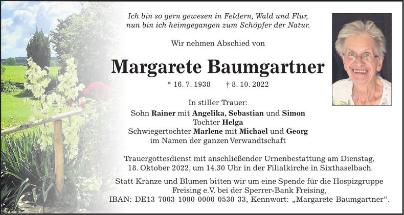 Traueranzeige Margarete Baumgartner
