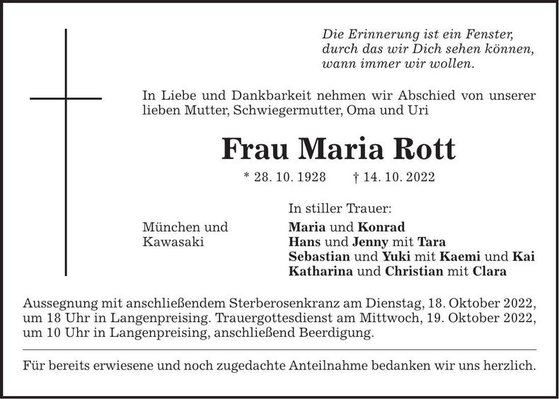 Traueranzeige Maria Rott