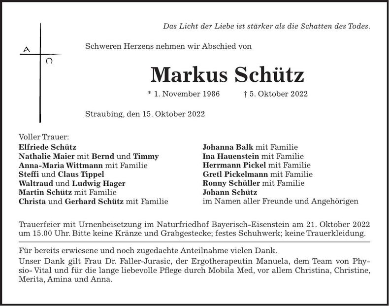 Traueranzeige Markus Schütz