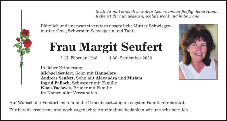 Traueranzeige Margit Seufert