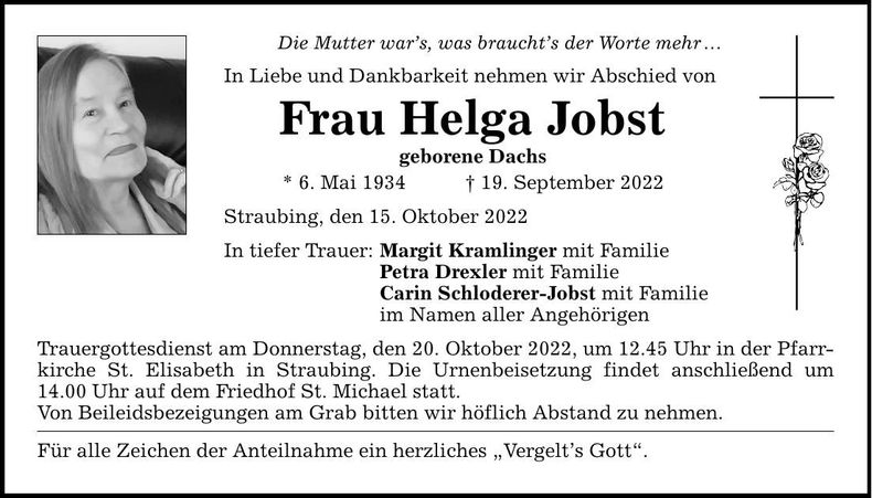 Traueranzeige Helga Jobst