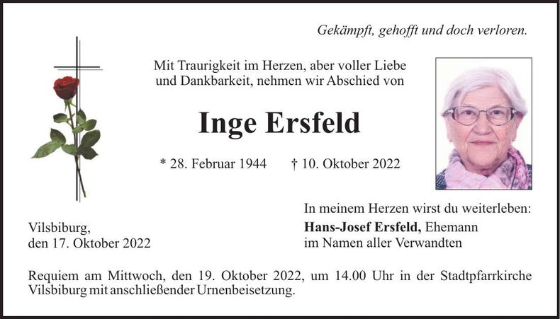 Traueranzeige Inge Ersfeld