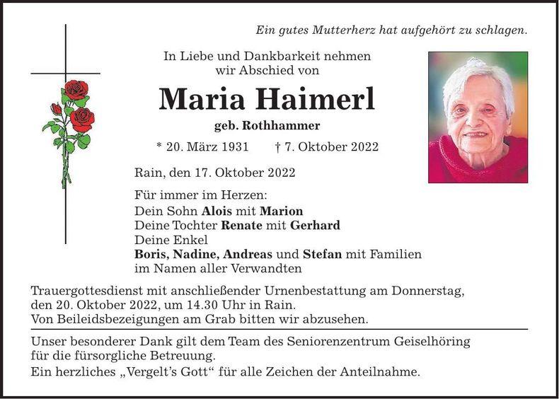 Traueranzeige Maria Haimerl