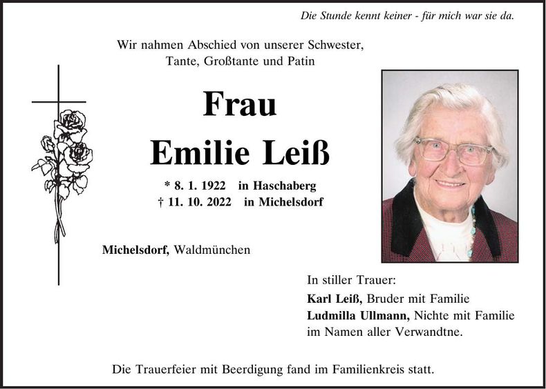 Traueranzeige Emilie Leiß