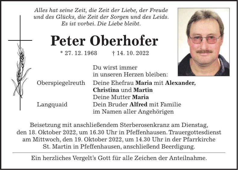 Traueranzeige Peter Oberhofer