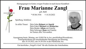 Traueranzeige Marianne Zangl