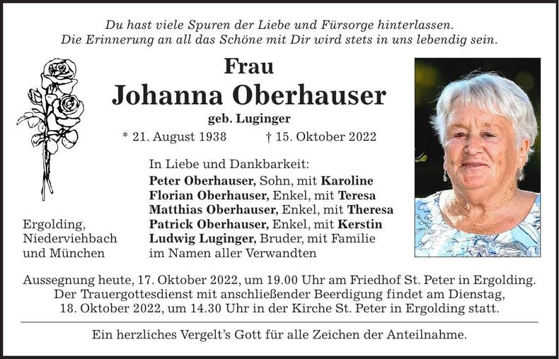 Traueranzeige Johanna Oberhauser
