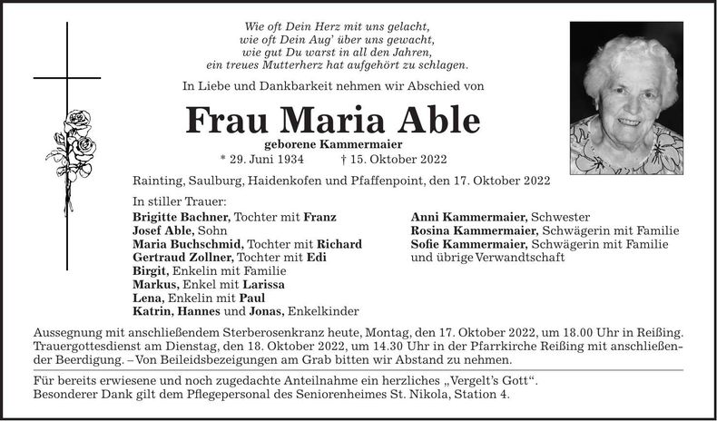 Traueranzeige Maria Able