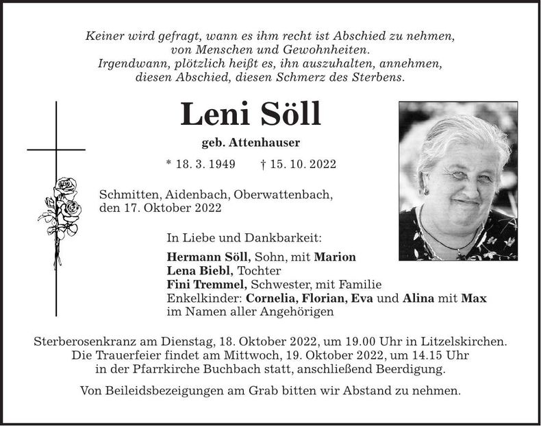 Traueranzeige Leni Söll