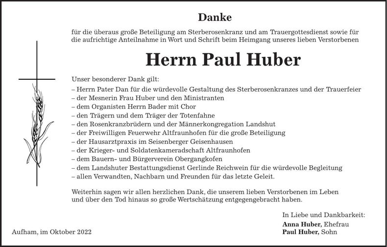 Traueranzeige Paul Huber