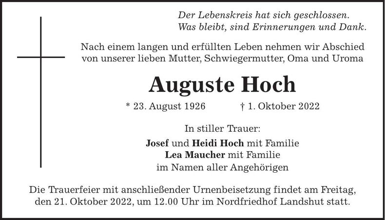 Traueranzeige Auguste Hoch