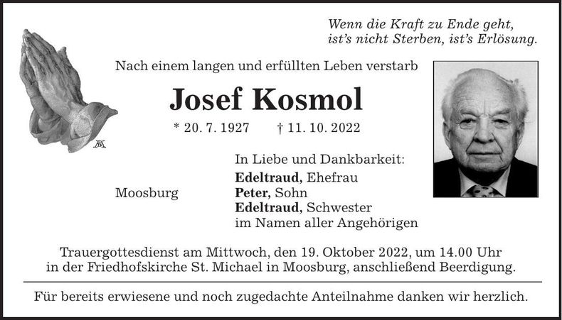 Traueranzeige Josef Kosmol
