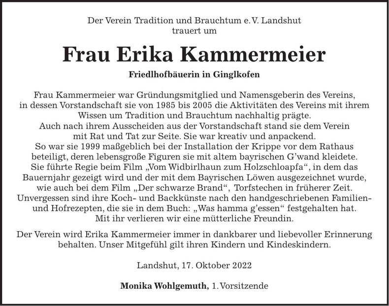 Traueranzeige Erika Kammermeier