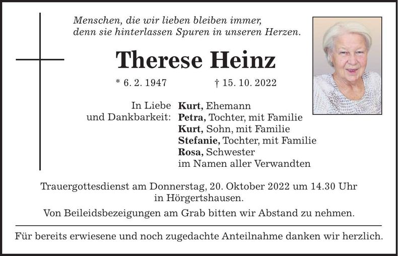 Traueranzeige Therese Heinz