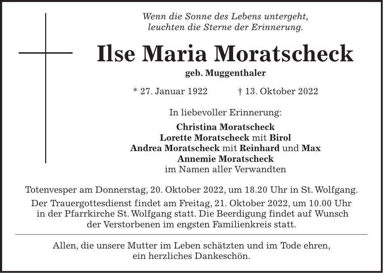 Traueranzeige Ilse Maria Moratscheck