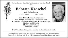 Traueranzeige Babette Kroschel