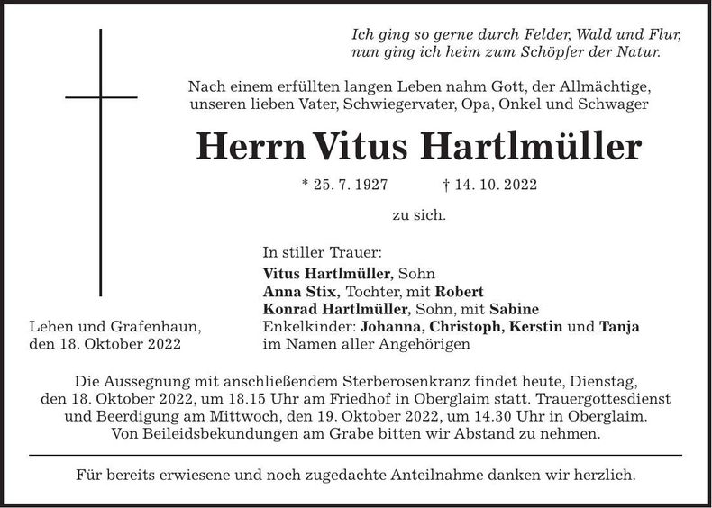Traueranzeige Vitus Hartlmüller