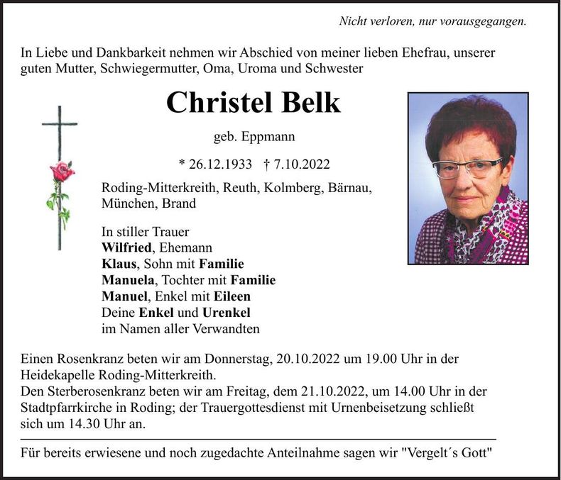 Traueranzeige Christel Belk