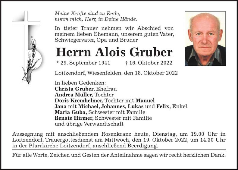 Traueranzeige Alois Gruber