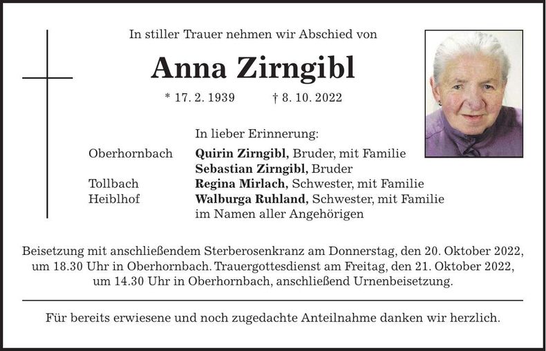 Traueranzeige Anna Zirngibl