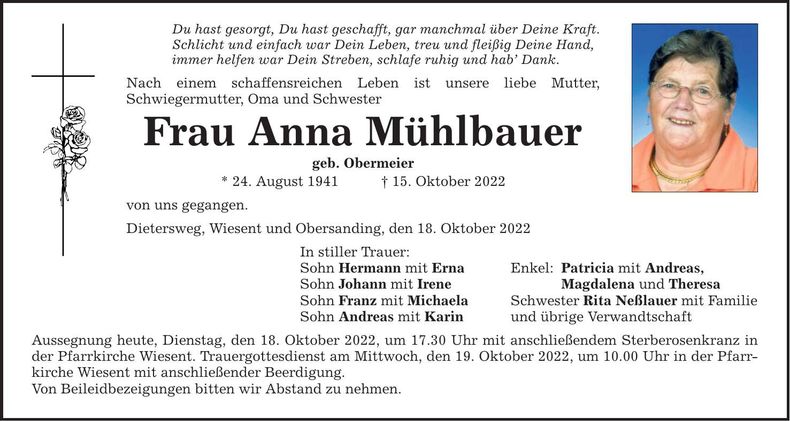 Traueranzeige Anna Mühlbauer