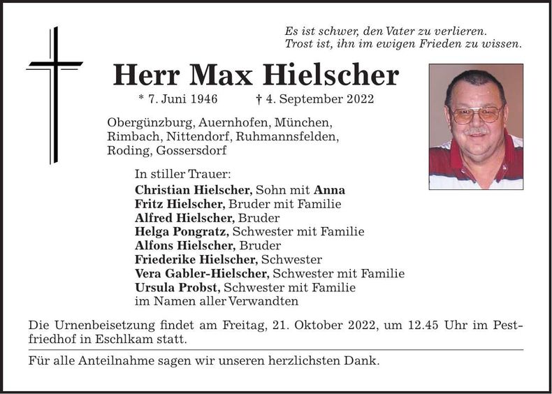 Traueranzeige Max Hielscher