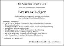 Traueranzeige Kreszenz Geiger
