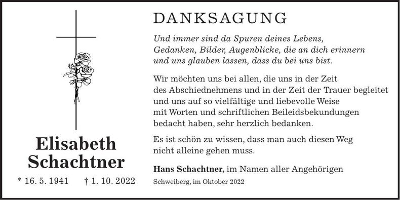Traueranzeige Elisabeth Schachtner