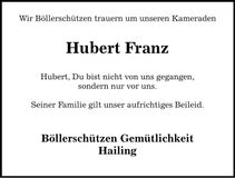 Traueranzeige Franz Hubert