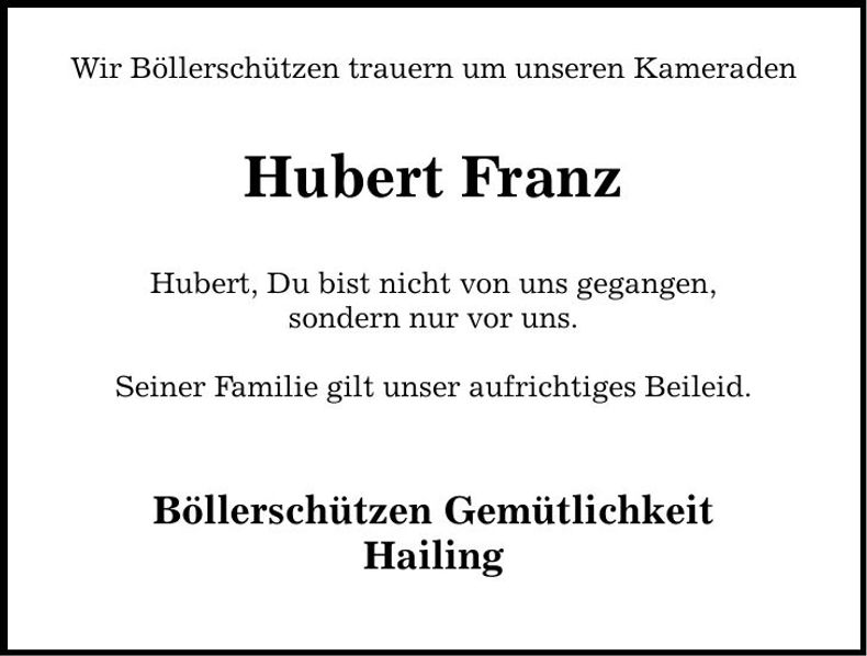 Traueranzeige Franz Hubert