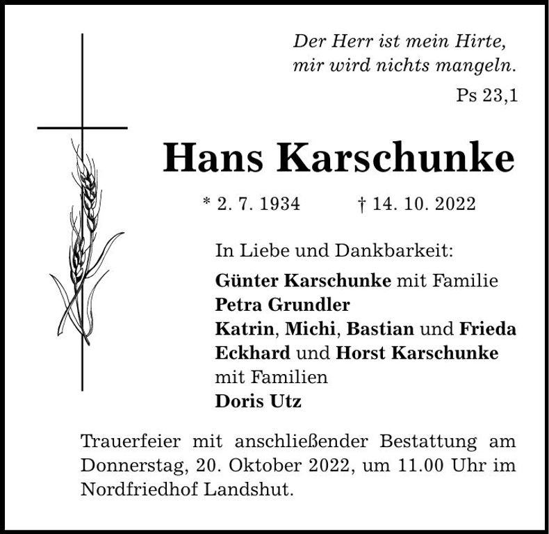 Traueranzeige Hans Karschunke