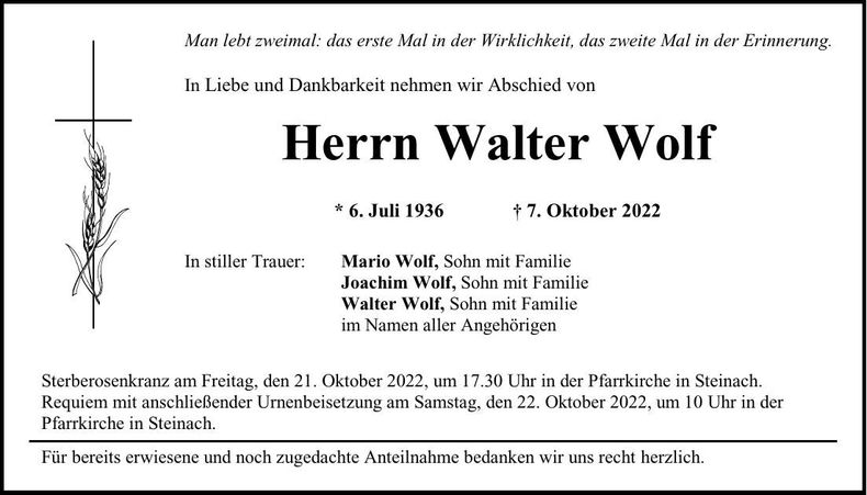 Traueranzeige Walter Wolf