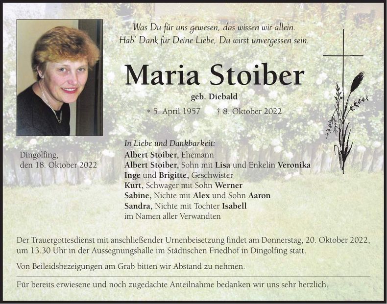 Traueranzeige Maria Stoiber